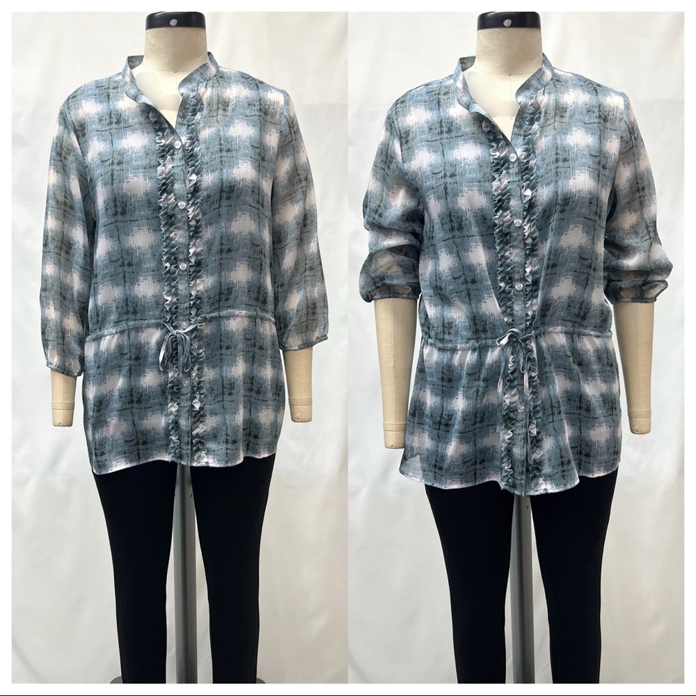 Christopher & Banks Blue Gray Ruffle Plaid 3/4 Sleeve Button Down Blouse